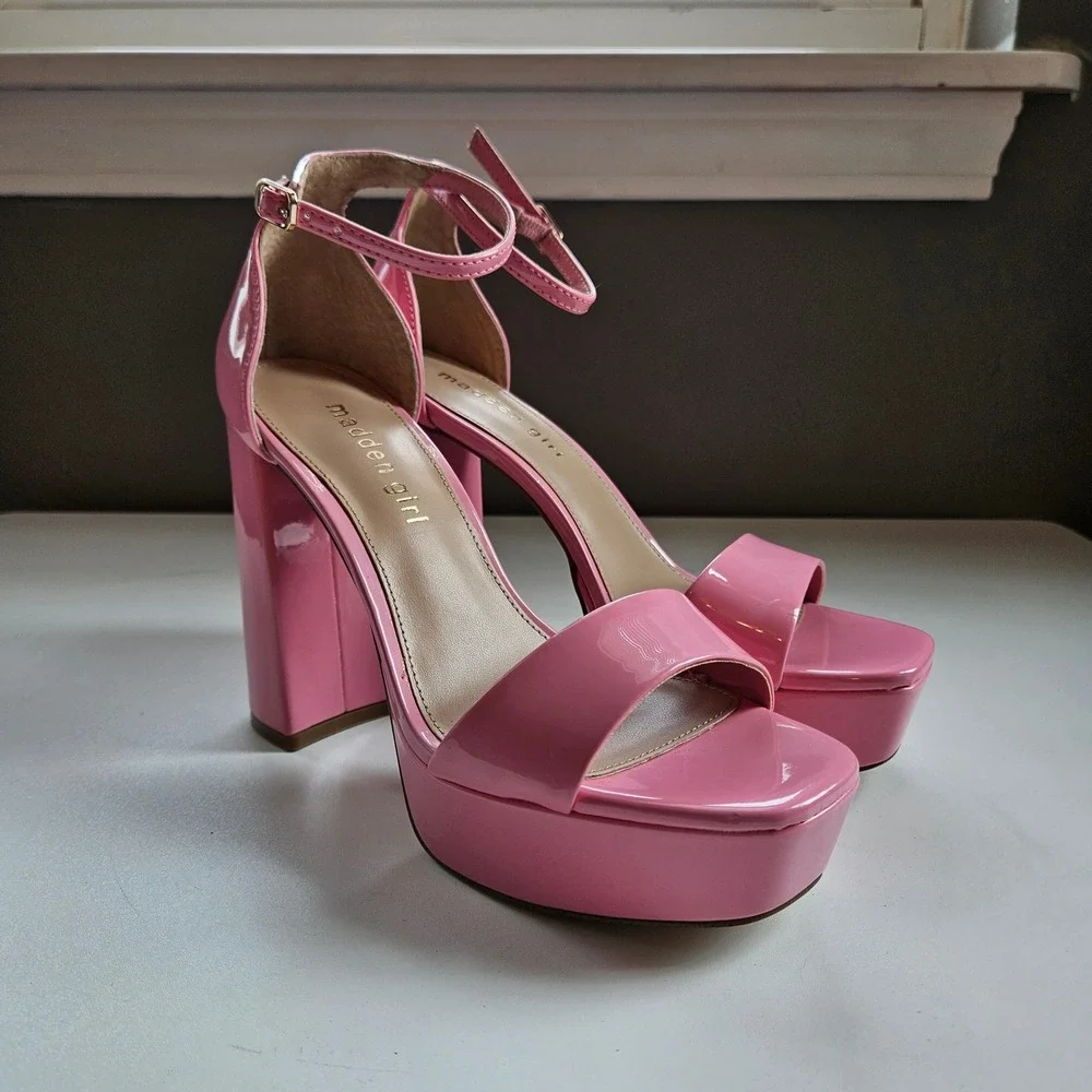 Madden Girl Pink Patent Platform Block Heels Womens 7.5M Strappy Sorority Hoco
